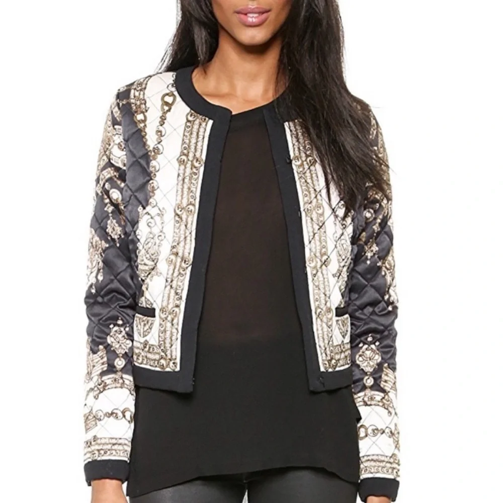 MARCHESA Voyage Notte Silk Scarf Quilted Bomber Jacket Blazer - Picture 1 of 8